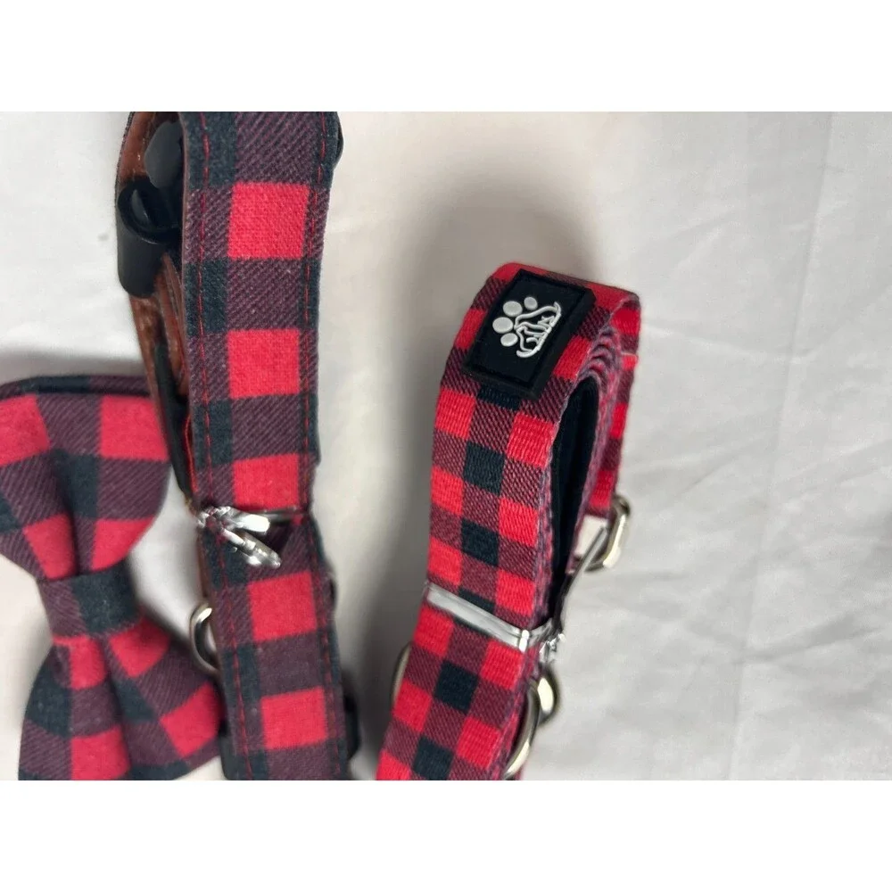FURRYFECTION 3-Pc Dog Collar Leash Bow Tie Set Red Buffalo Plaid Checkered